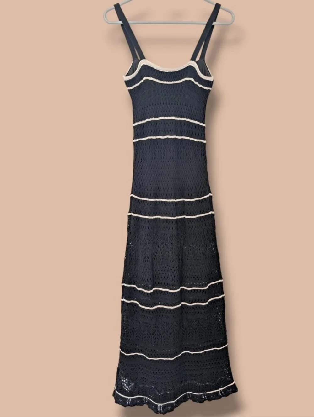 Abercrombie & Fitch Black Stripe Crochet Knit Cotton Square Neck Maxi Tank Dress
